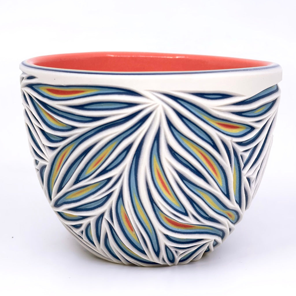 White to Coral Intricate Hand Carved Teacup *Preorder ship in 4-6 weeks*
